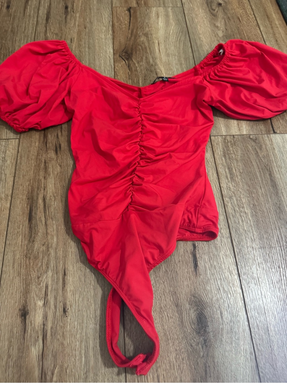 Lulu's Red Puff-Sleeve Ruched Bodysuit